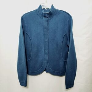 Talbots Womens Blue-Teal 100% Cotton Knit Sweater Snap-up Cardigan Size XL